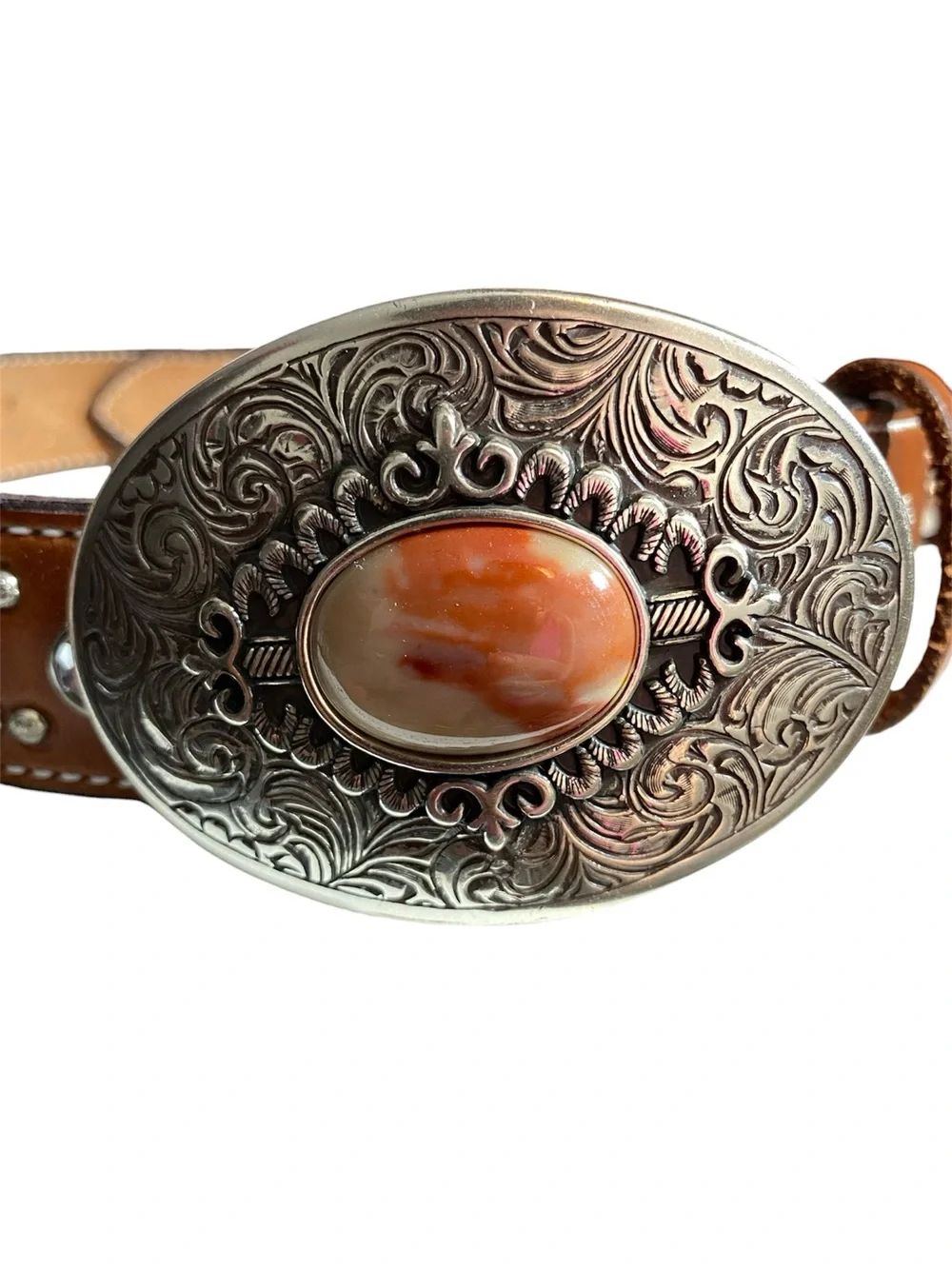 Brown Leather Studded Belt Silver “Agate” Buckle Appaloosa
